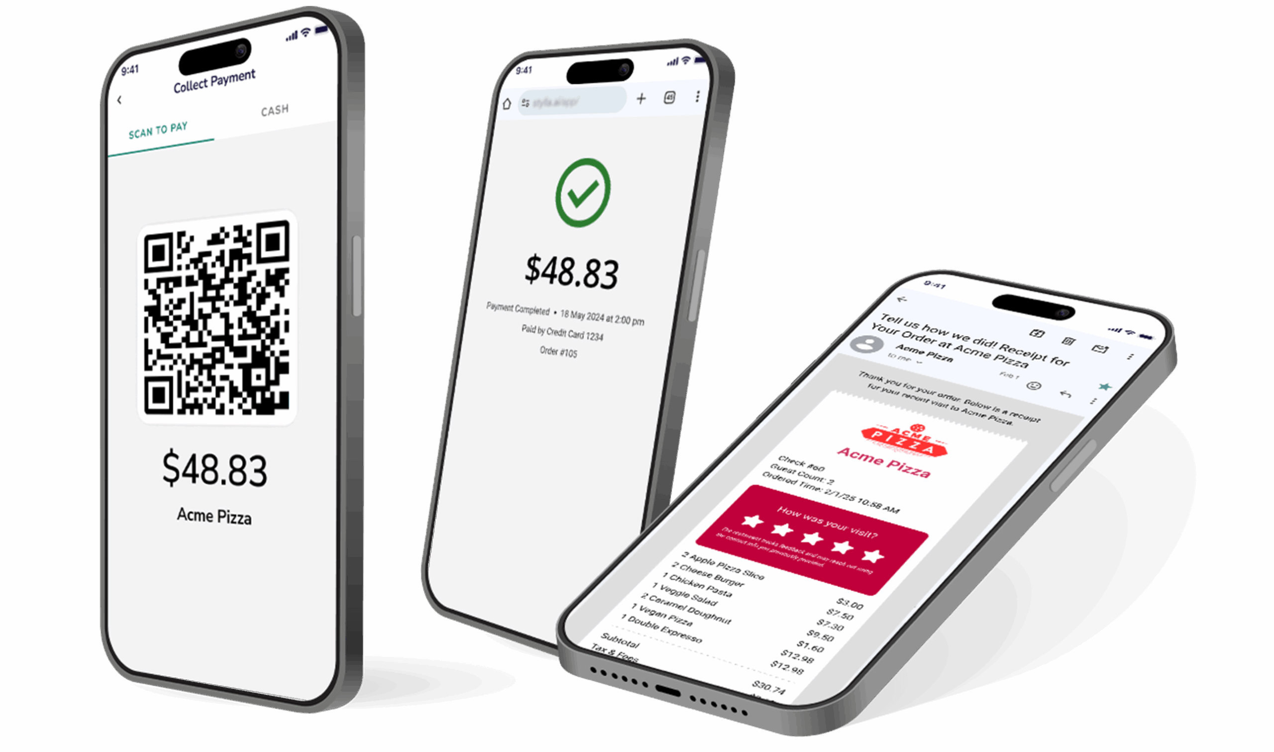 HungerRush Scan to Pay Three mobile screens showing a Scan to Pay QR code, completed payment, and emailed receipt