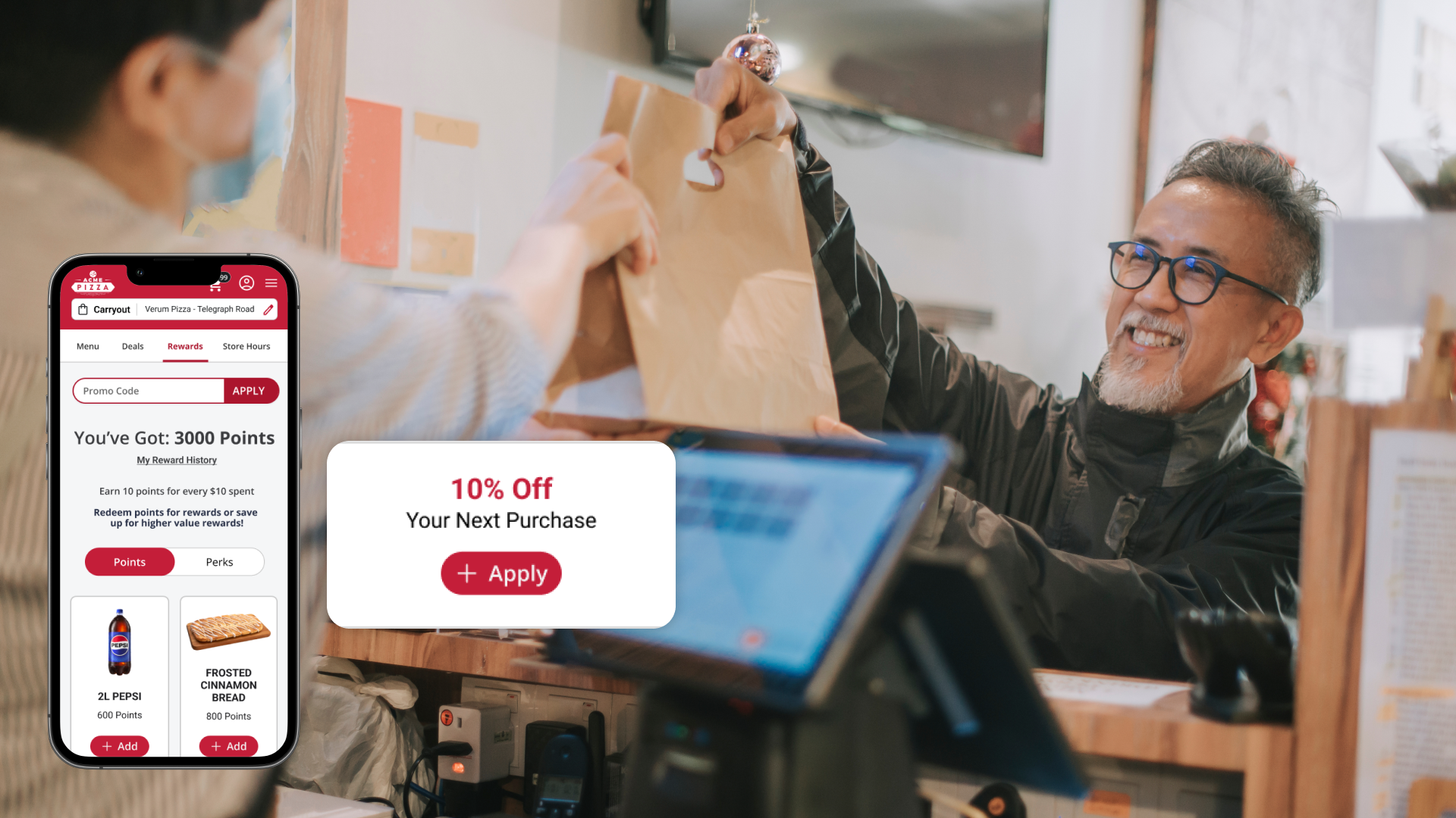 Guest reward prompt at online checkout alongside HungerRush POS loyalty analytics. 